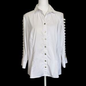 Finley Women’s Top White 3/4 Sheer Sleeve Button-Up Stretch Career Office Size M